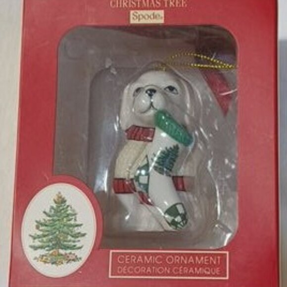 SPODE Christmas Tree Ceramic Ornament Puppy Dog With Stocking In Box - Picture 4 of 9